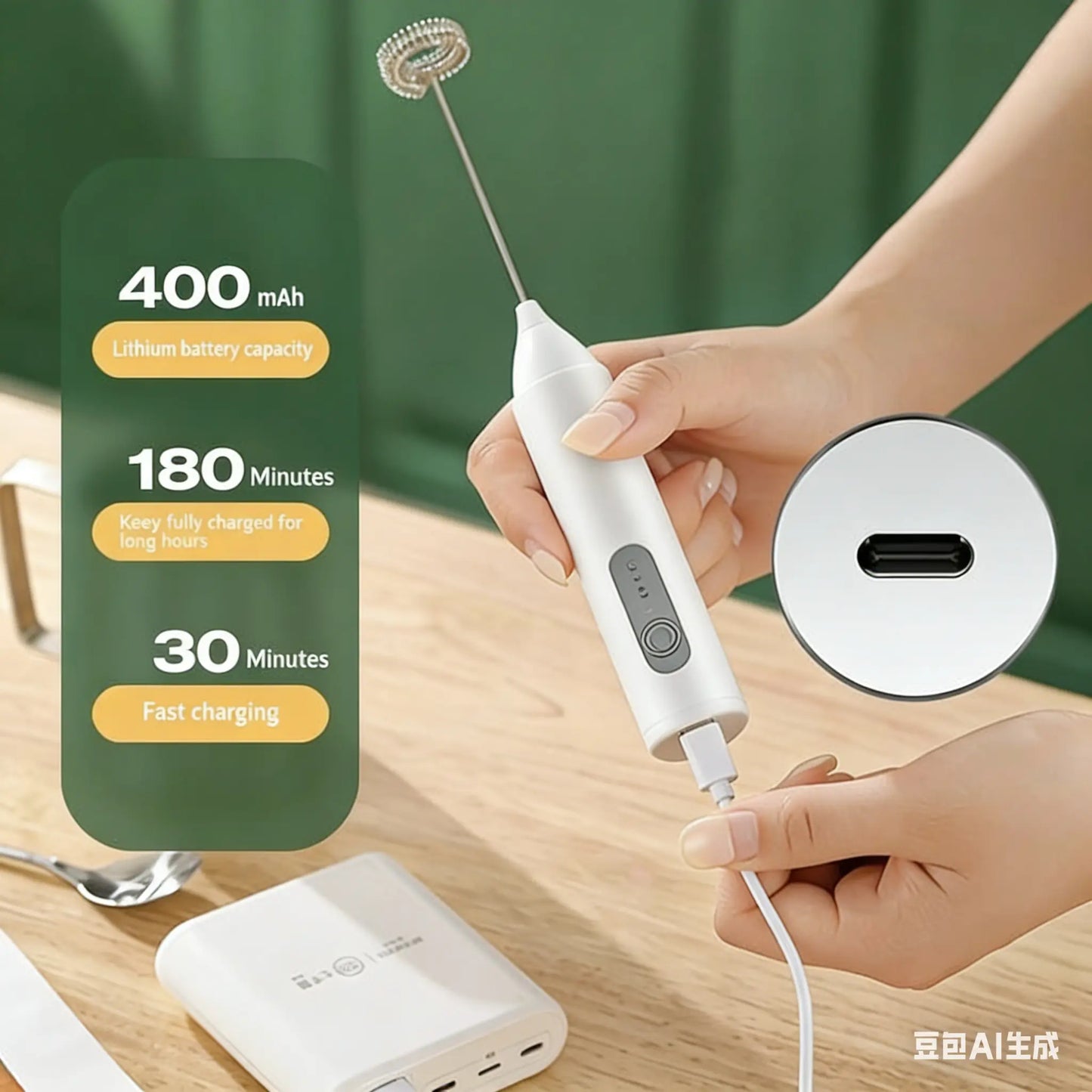 Milk Frother Wand Rechargeable Handheld Drink Mixer, USB-C Electric Whisk with Stainless Steel Whisk for Coffee, Lattes, Cappuccino, Matcha, Hot Chocolate&Creamer