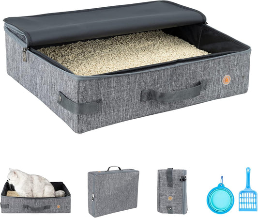 Stop Lugging a Heavy Hard Litter Box Again. Portable Cat Travel Litter Box with Zipped Lid to Keep Everything Contained. Easy to Carry, Clean and Use in Car, Hotel, Airplane