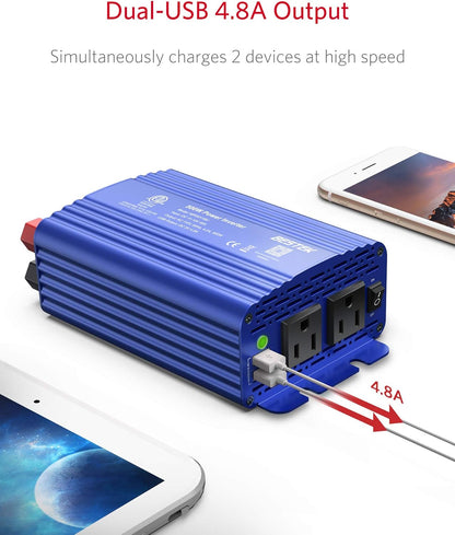 500W Power Inverter DC 12V to 110V AC Converter with 4.8A Dual USB Car Charger ETL Listed (Blue)