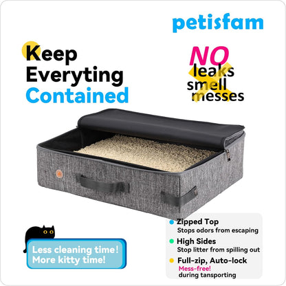 Stop Lugging a Heavy Hard Litter Box Again. Portable Cat Travel Litter Box with Zipped Lid to Keep Everything Contained. Easy to Carry, Clean and Use in Car, Hotel, Airplane